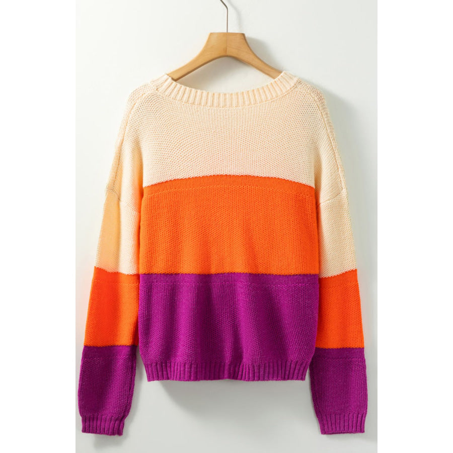 Color Block Drop Shoulder Round Neck Sweater Apparel and Accessories