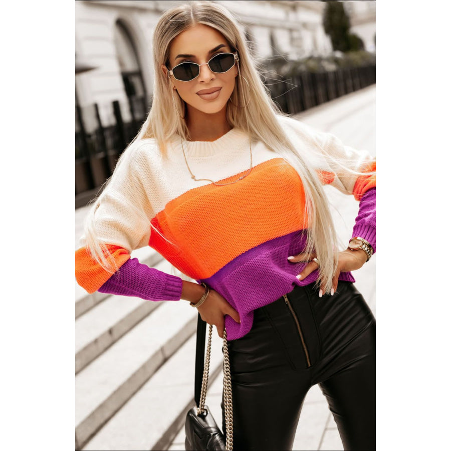 Color Block Drop Shoulder Round Neck Sweater Apparel and Accessories