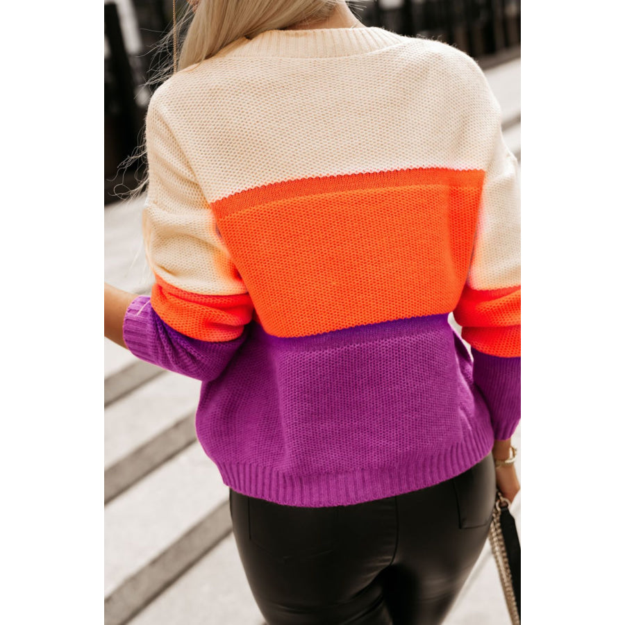 Color Block Drop Shoulder Round Neck Sweater Apparel and Accessories