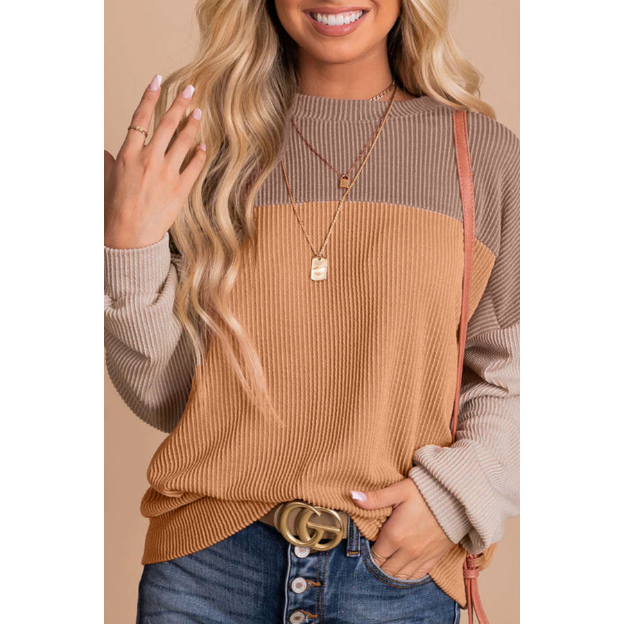 Color Block Dropped Shoulder T-Shirt Khaki / S Apparel and Accessories