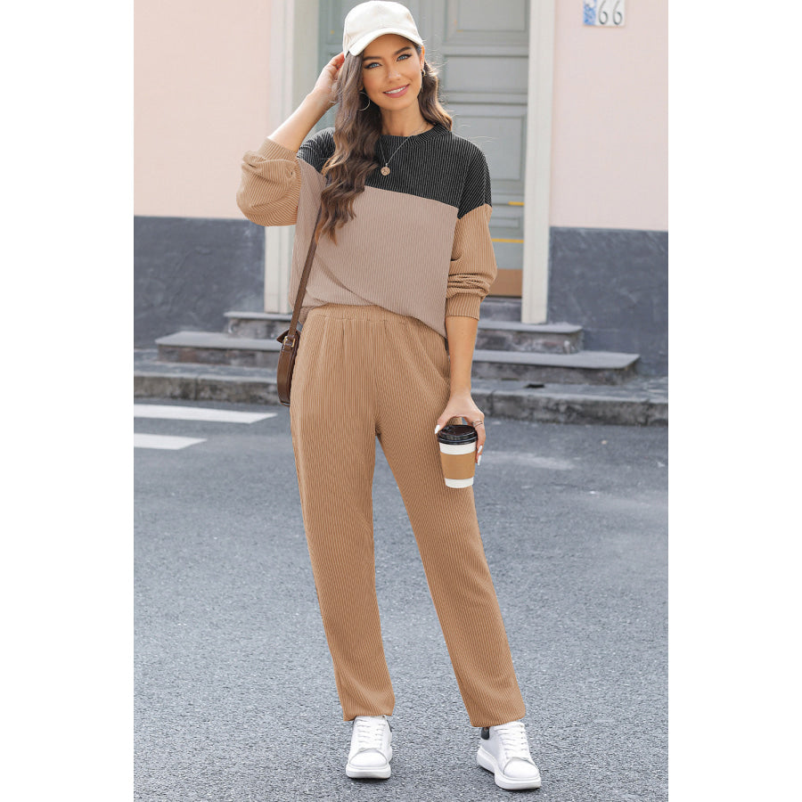 Color Block Dropped Shoulder Top and Pants Set Apparel and Accessories