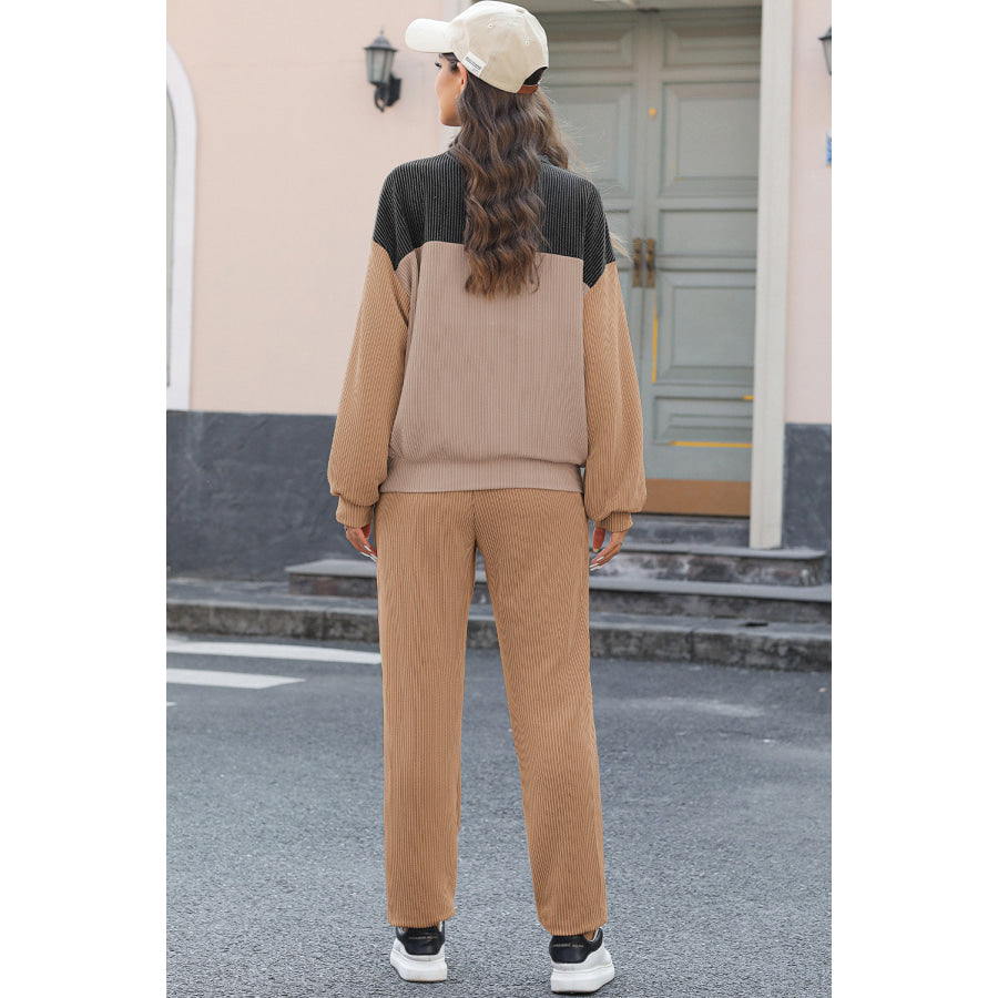 Color Block Dropped Shoulder Top and Pants Set Apparel and Accessories