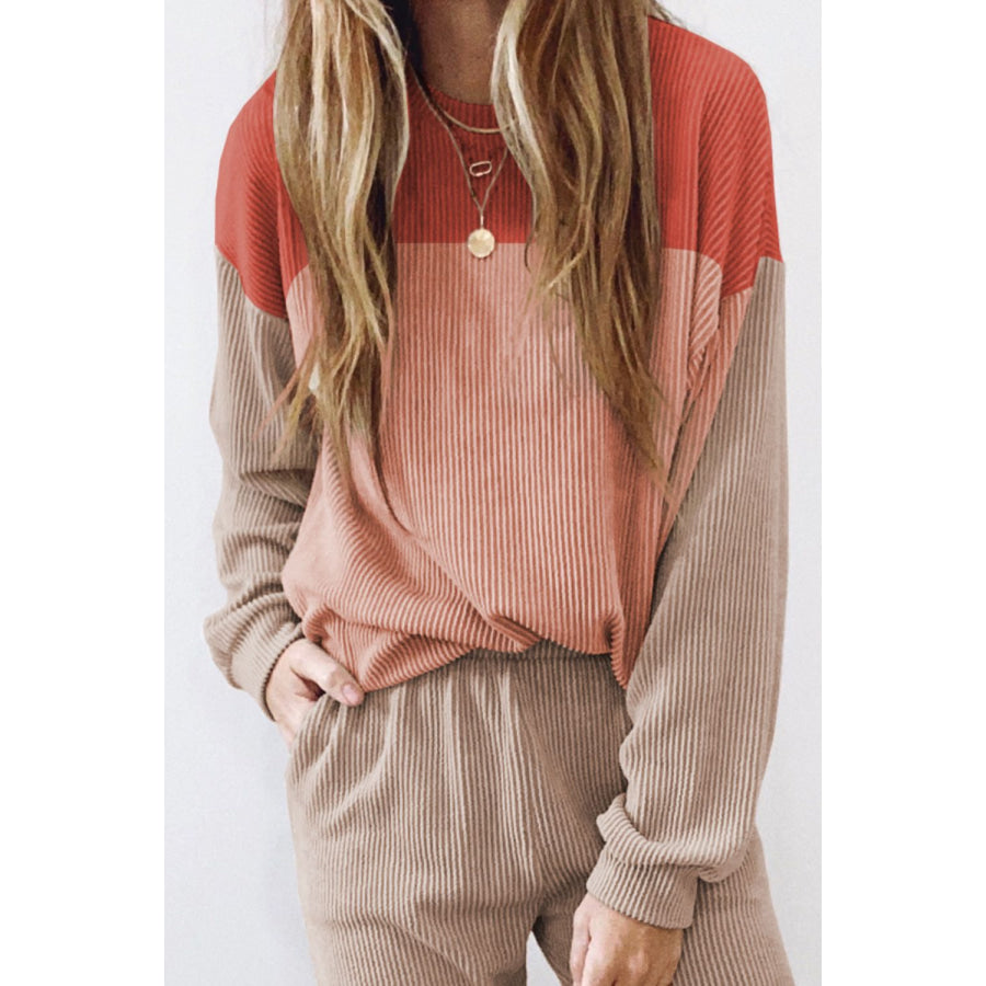 Color Block Dropped Shoulder Top and Pants Set Apparel and Accessories