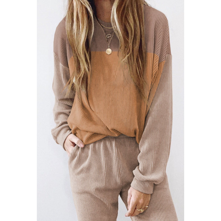 Color Block Dropped Shoulder Top and Pants Set Apparel and Accessories