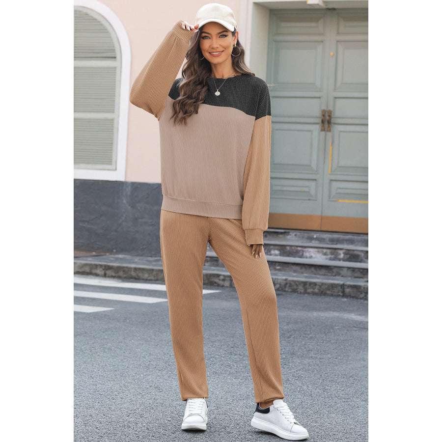 Color Block Dropped Shoulder Top and Pants Set Apparel and Accessories