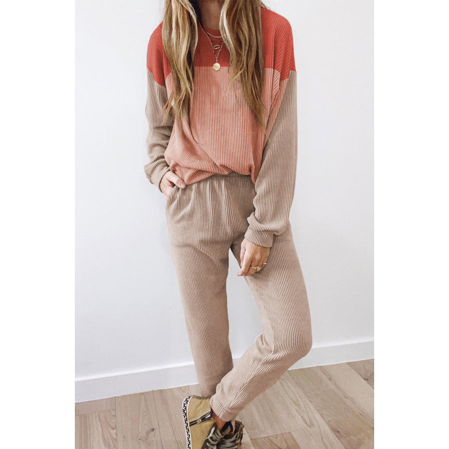 Color Block Dropped Shoulder Top and Pants Set Coral / S Apparel and Accessories