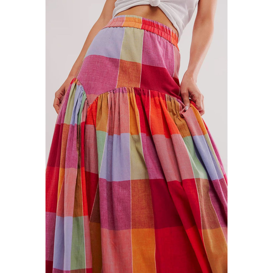 Color Block Elastic Waist Maxi Skirt Plaid / S Apparel and Accessories