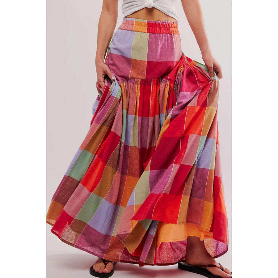 Color Block Elastic Waist Maxi Skirt Plaid / S Apparel and Accessories