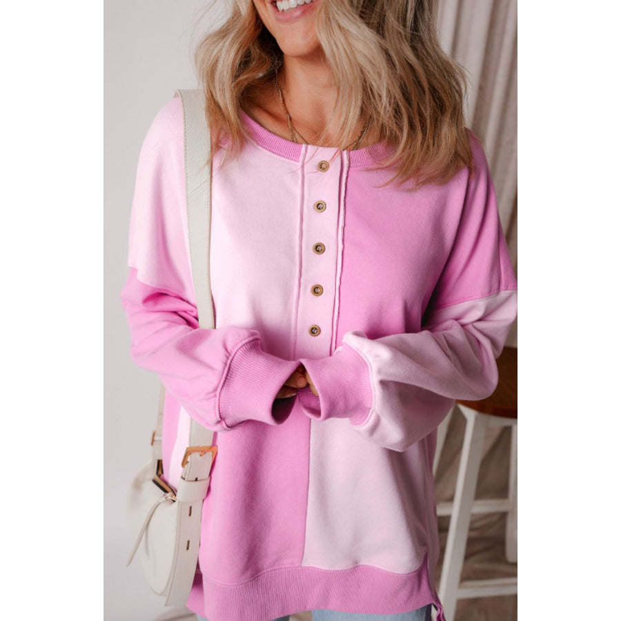 Color Block Half Button Long Sleeve Sweatshirt Pink / S Apparel and Accessories