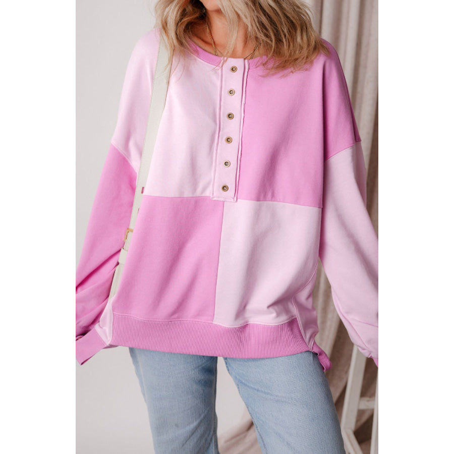 Color Block Half Button Long Sleeve Sweatshirt Pink / S Apparel and Accessories