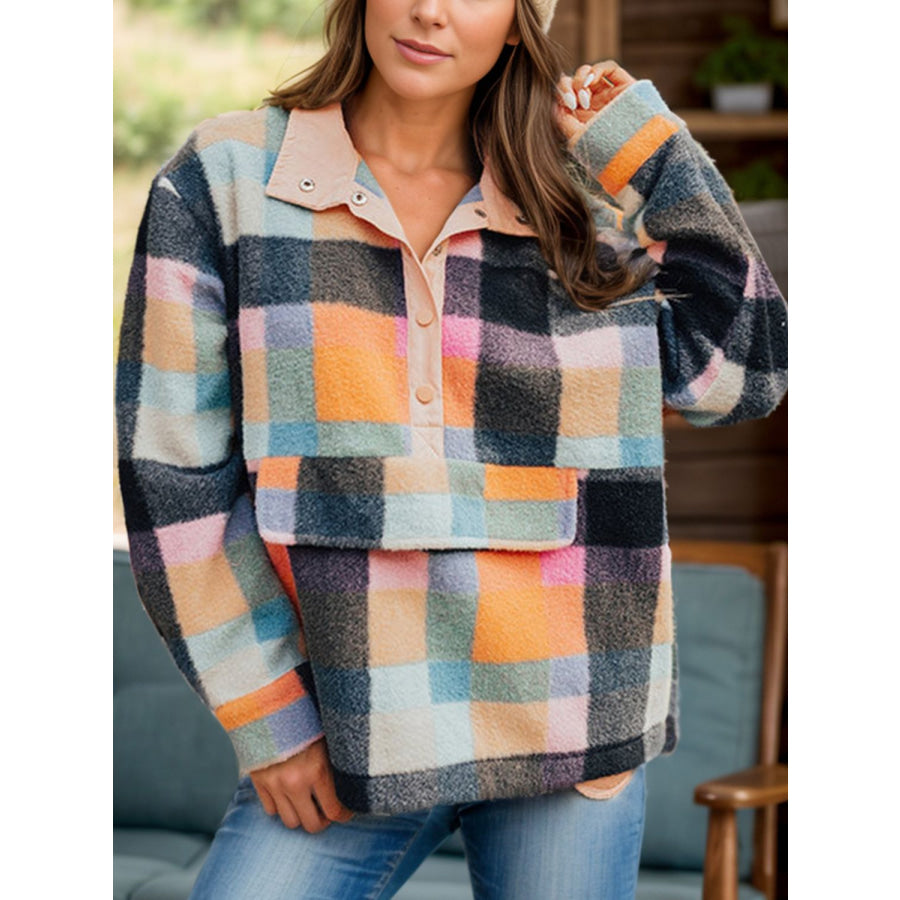 Color Block Half Snap Long Sleeve Sweatshirt Black / S Apparel and Accessories