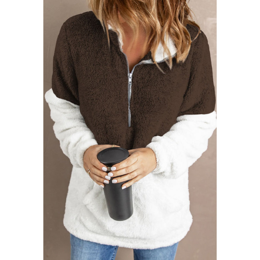Color Block Half Zip Long Sleeve Fuzzy Sweatshirt Chocolate / S Apparel and Accessories