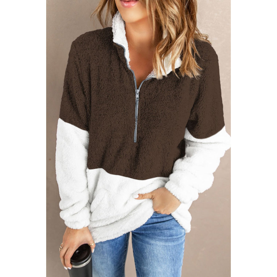 Color Block Half Zip Long Sleeve Fuzzy Sweatshirt Chocolate / S Apparel and Accessories