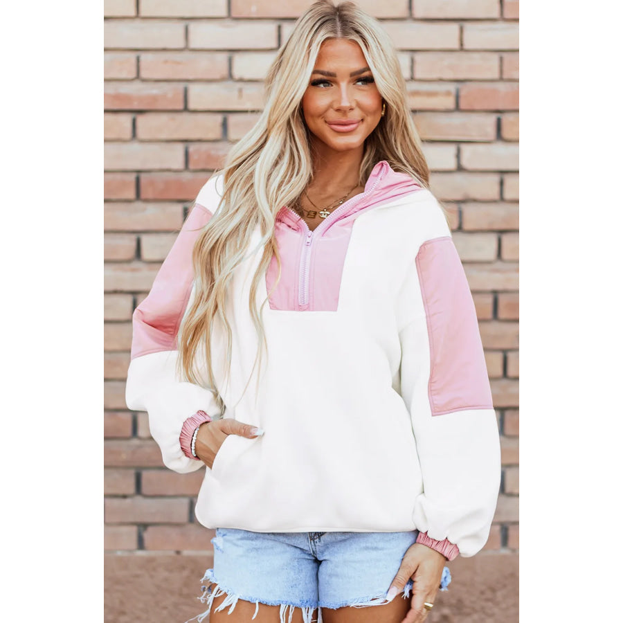 Color Block Half Zip Long Sleeve Hoodie White / S Apparel and Accessories