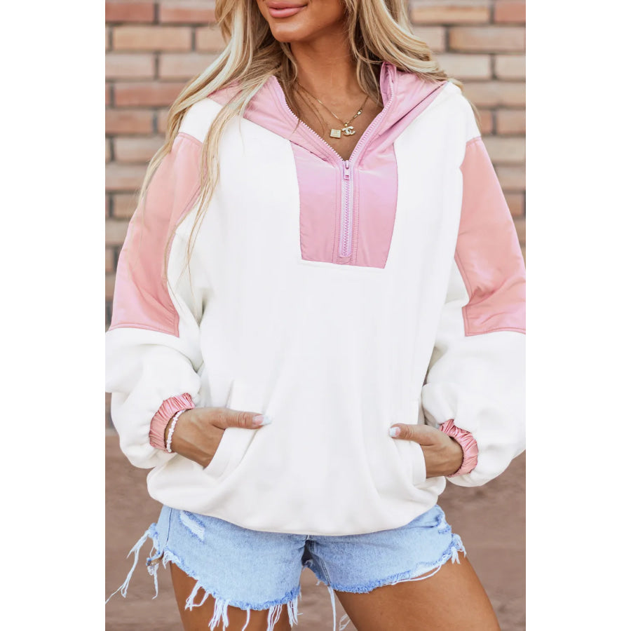 Color Block Half Zip Long Sleeve Hoodie White / S Apparel and Accessories