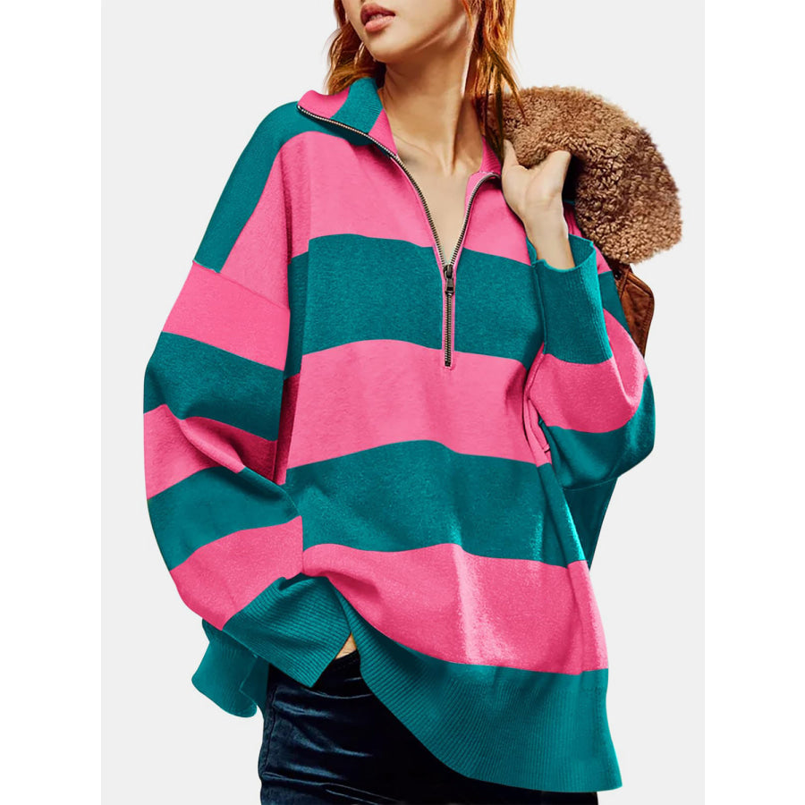 Color Block Half Zip Long Sleeve Sweater Hot Pink / S Apparel and Accessories