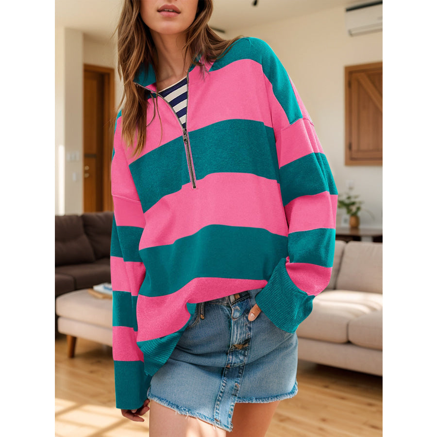 Color Block Half Zip Long Sleeve Sweater Hot Pink / S Apparel and Accessories