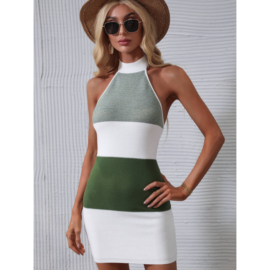 Color Block Halter Neck Knit Dress Mid Green / S