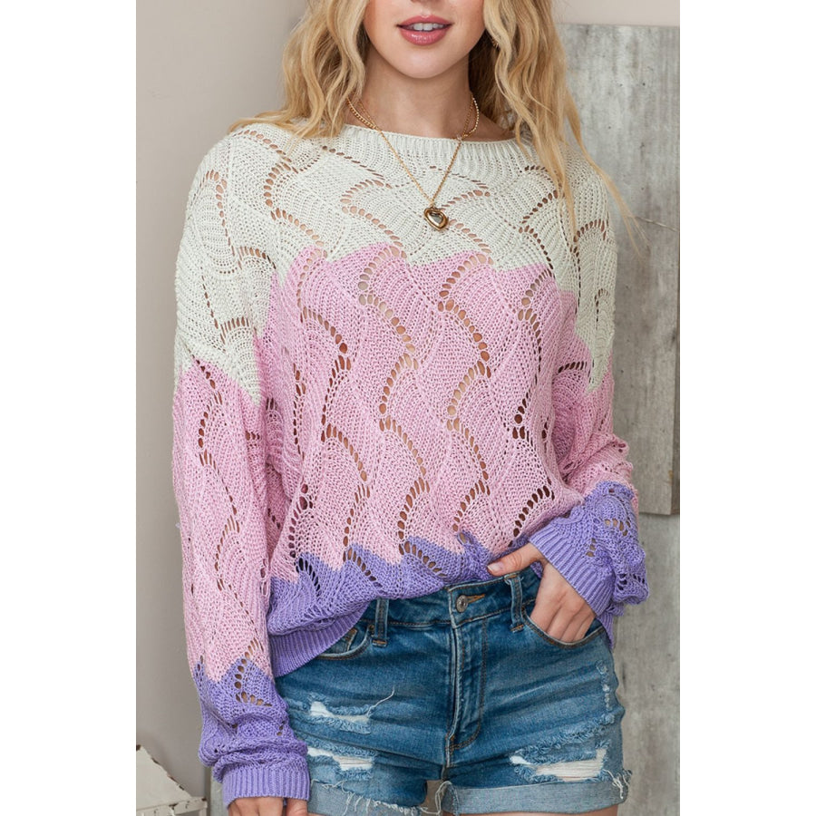 Color Block Hollow Boat Neck Sweater Apparel and Accessories