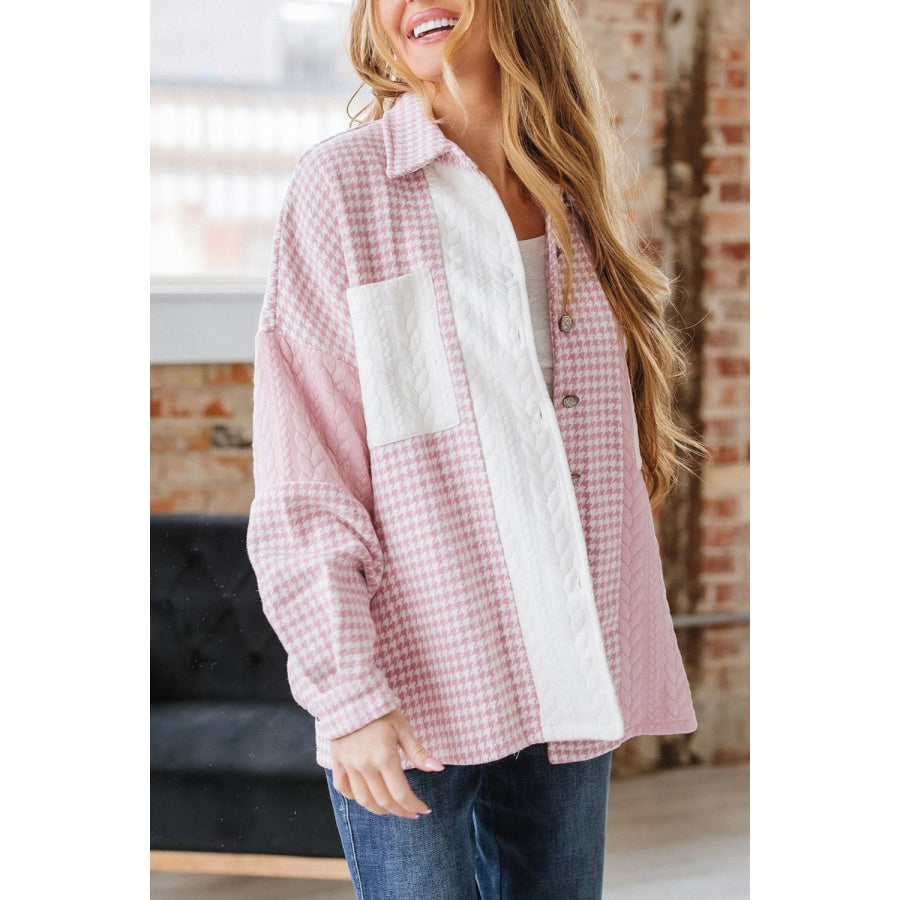 Color Block Houndstooth Collared Neck Shacket Dusty Pink / S Apparel and Accessories