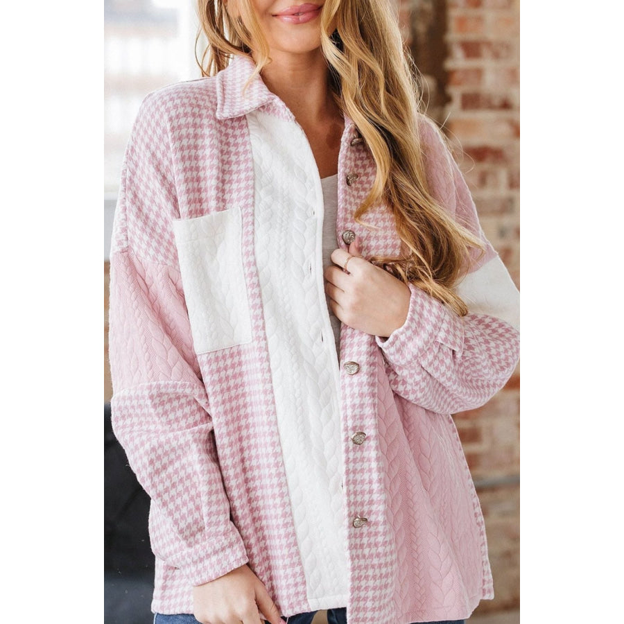 Color Block Houndstooth Collared Neck Shacket Dusty Pink / S Apparel and Accessories