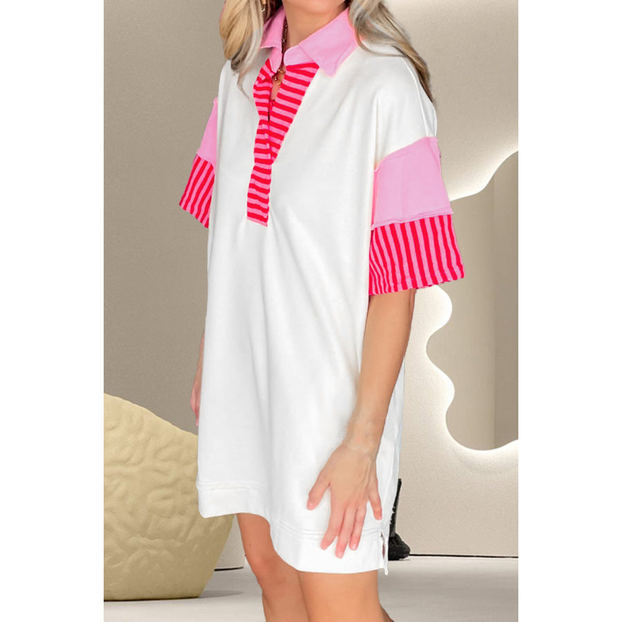 Color Block Johnny Collar Half Sleeve Dress White / M Apparel and Accessories