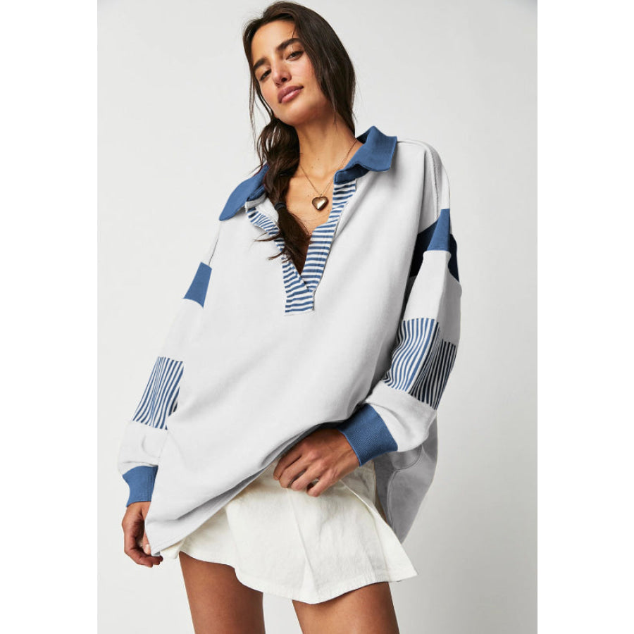 Color Block Johnny Collar Long Sleeve Sweatshirt Peacock Blue / S Apparel and Accessories