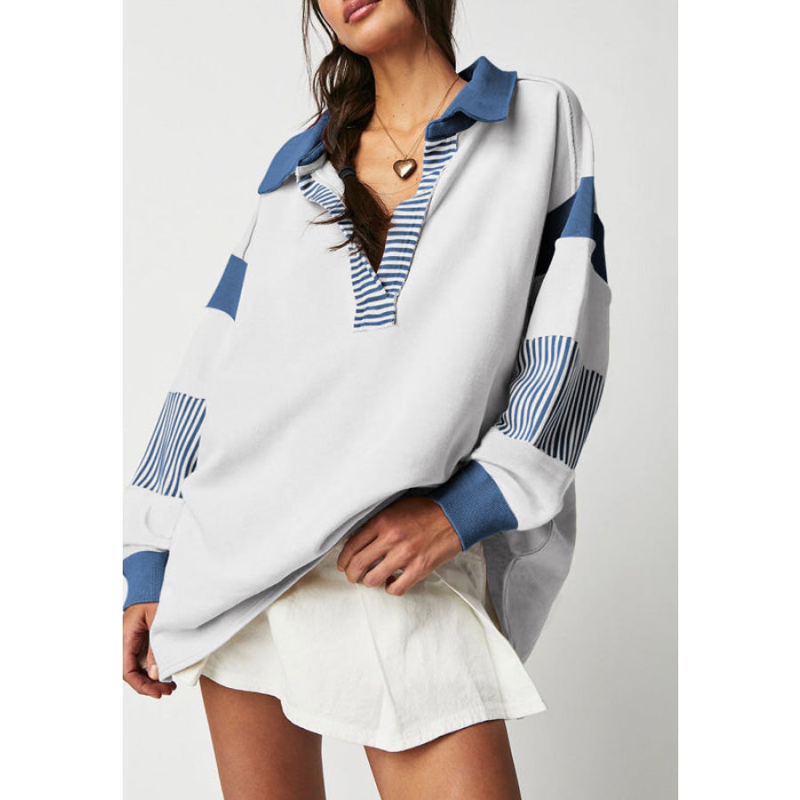 Color Block Johnny Collar Long Sleeve Sweatshirt Peacock Blue / S Apparel and Accessories