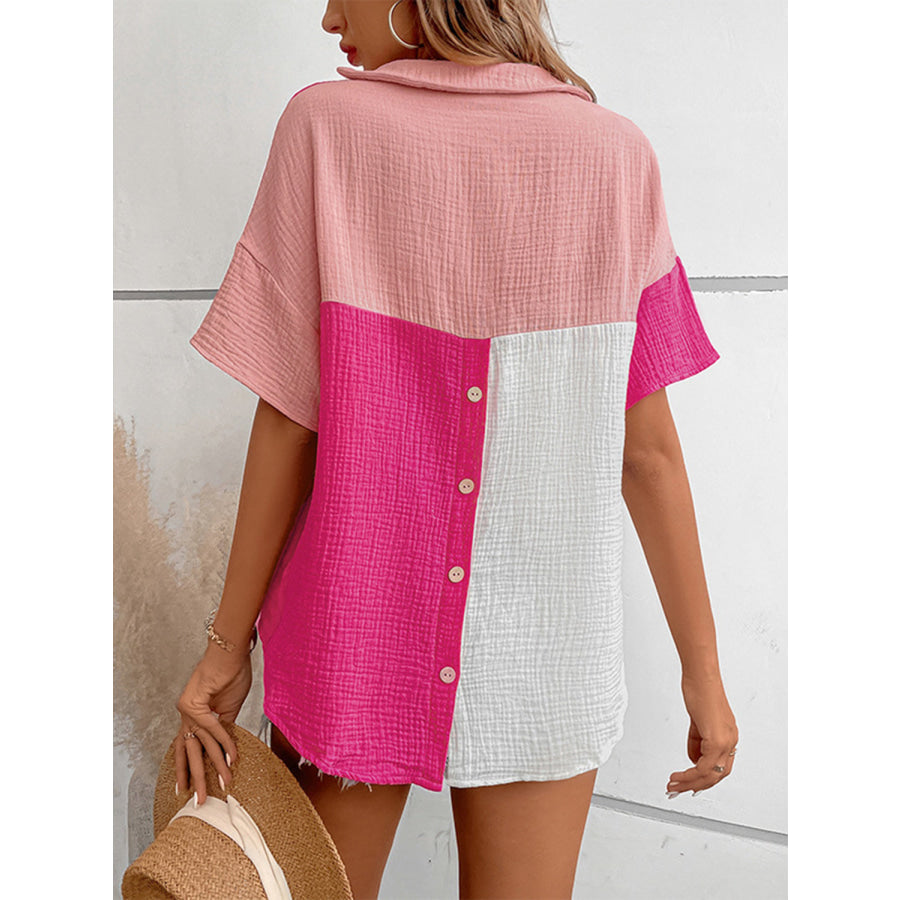 Color Block Johnny Collar Short Sleeve Blouse Hot Pink / S Apparel and Accessories