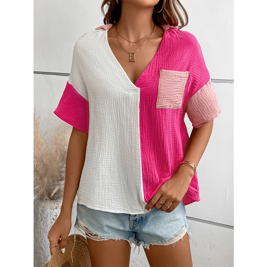 Color Block Johnny Collar Short Sleeve Blouse Hot Pink / S Apparel and Accessories