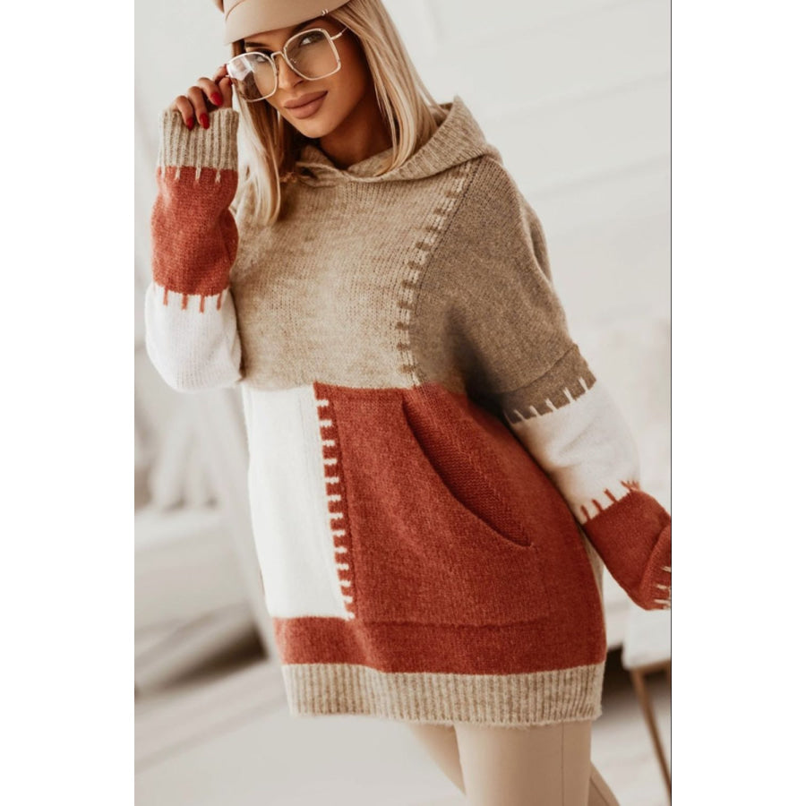 Color Block Kangaroo Pocket Hooded Sweater Khaki / S Apparel and Accessories