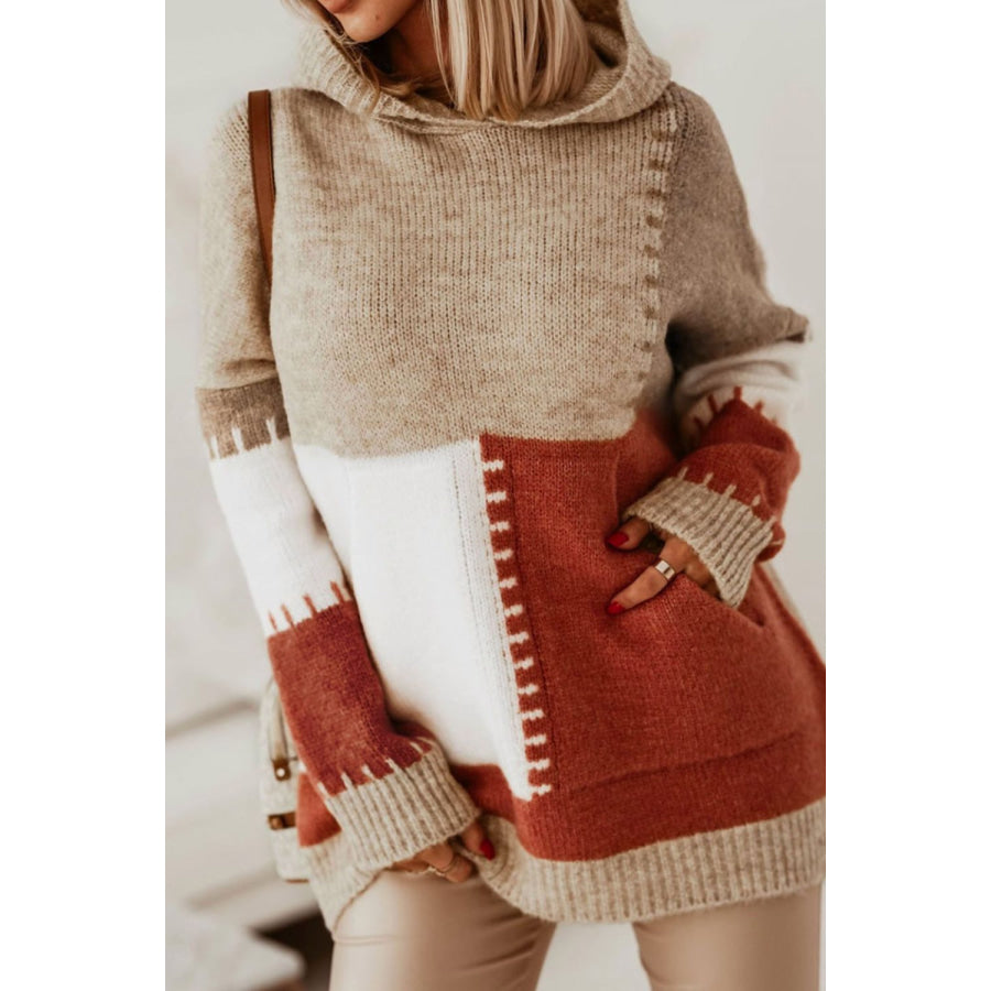 Color Block Kangaroo Pocket Hooded Sweater Khaki / S Apparel and Accessories
