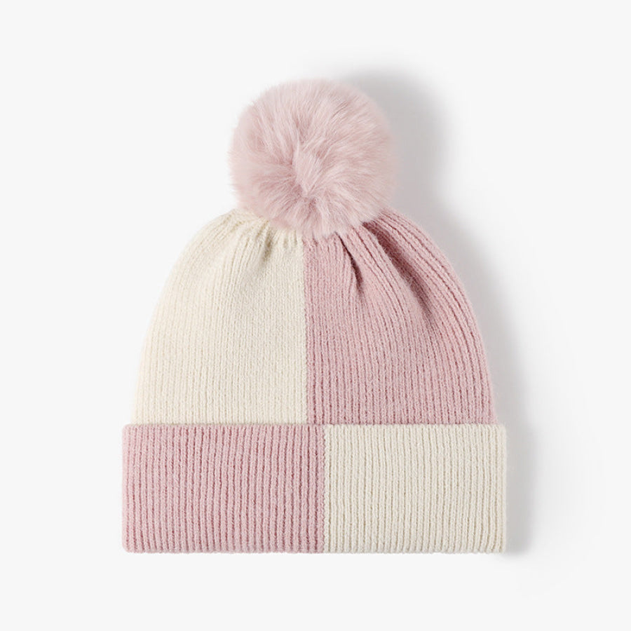 Color Block Knit Hat with Pom-pom Blush Pink / One Size Apparel and Accessories