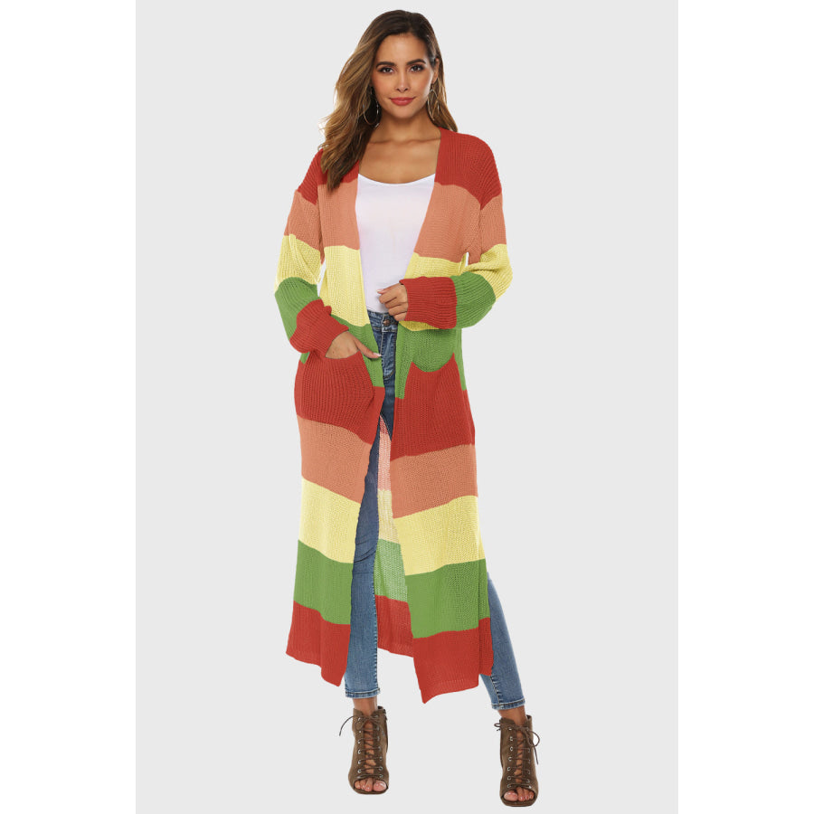 Color Block Long Sleeve Pocketed Cardigan Orange / S