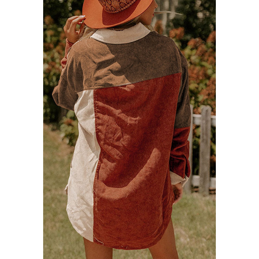 Color Block Long Sleeve Shacket Brown / S Apparel and Accessories