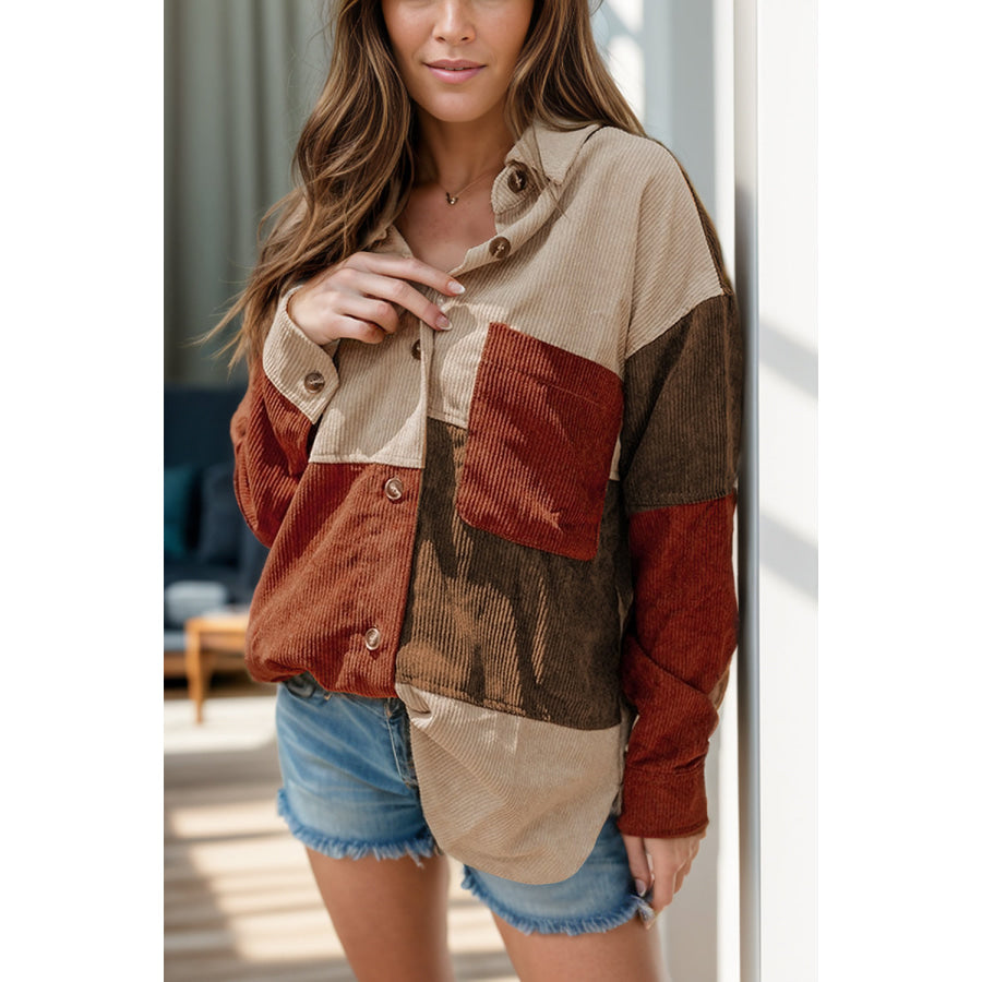 Color Block Long Sleeve Shacket Brown / S Apparel and Accessories