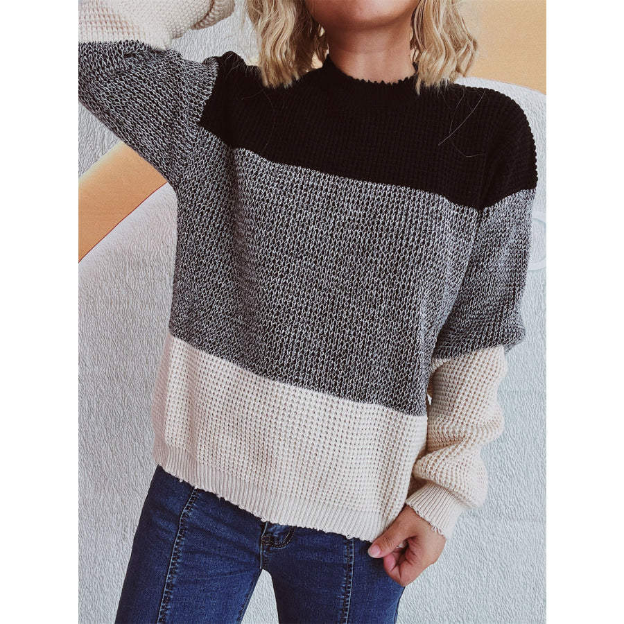 Color Block Long Sleeve Sweater Black / One Size Apparel and Accessories