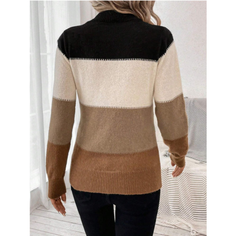 Color Block Mock Neck Long Sleeve Sweater Apparel and Accessories