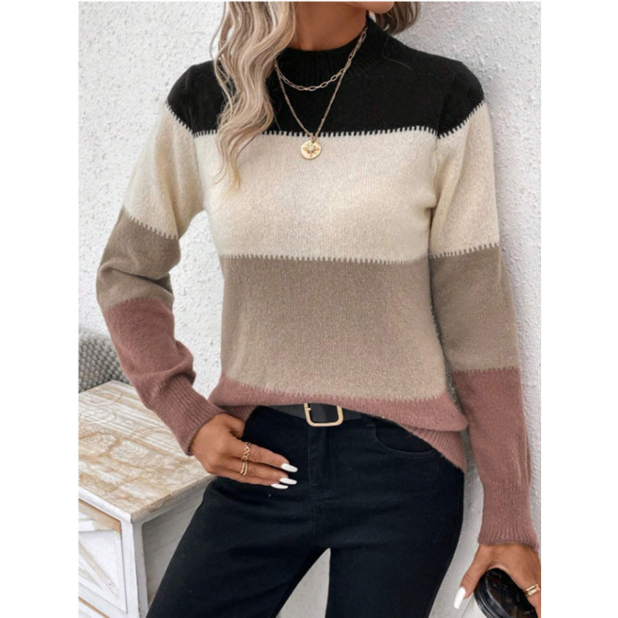 Color Block Mock Neck Long Sleeve Sweater Apparel and Accessories
