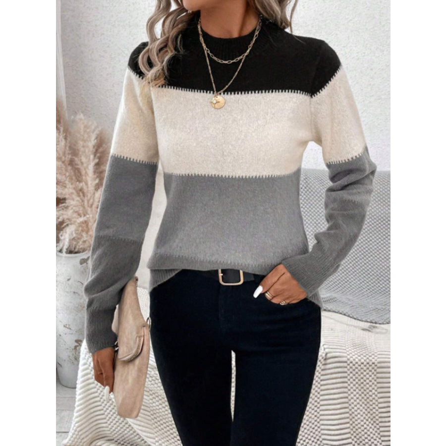 Color Block Mock Neck Long Sleeve Sweater Apparel and Accessories