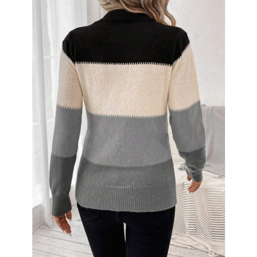 Color Block Mock Neck Long Sleeve Sweater Apparel and Accessories