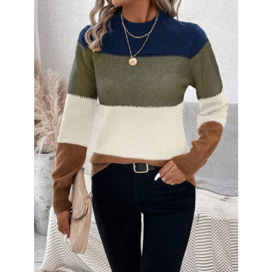 Color Block Mock Neck Long Sleeve Sweater Apparel and Accessories
