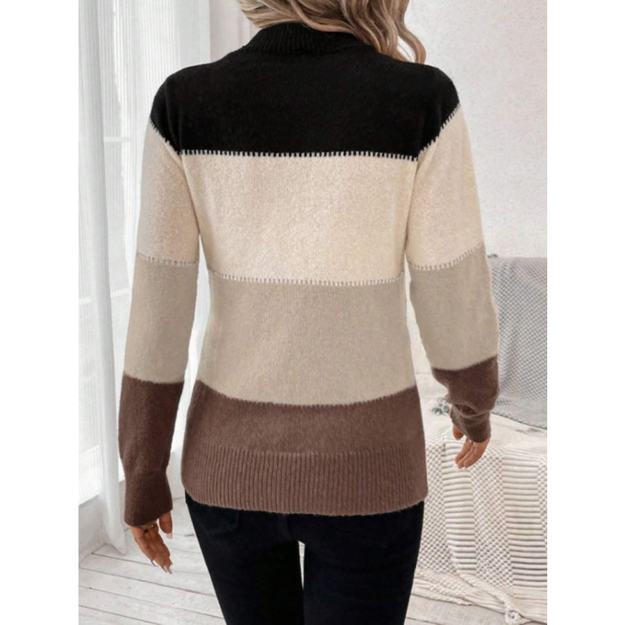 Color Block Mock Neck Long Sleeve Sweater Apparel and Accessories