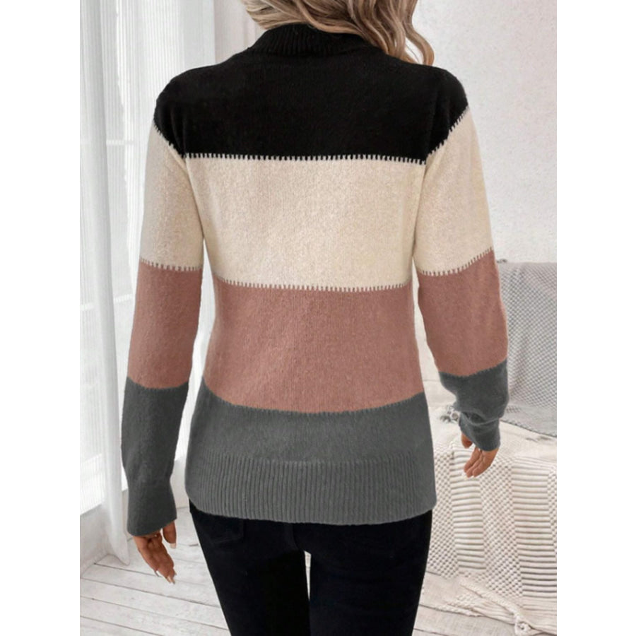 Color Block Mock Neck Long Sleeve Sweater Apparel and Accessories