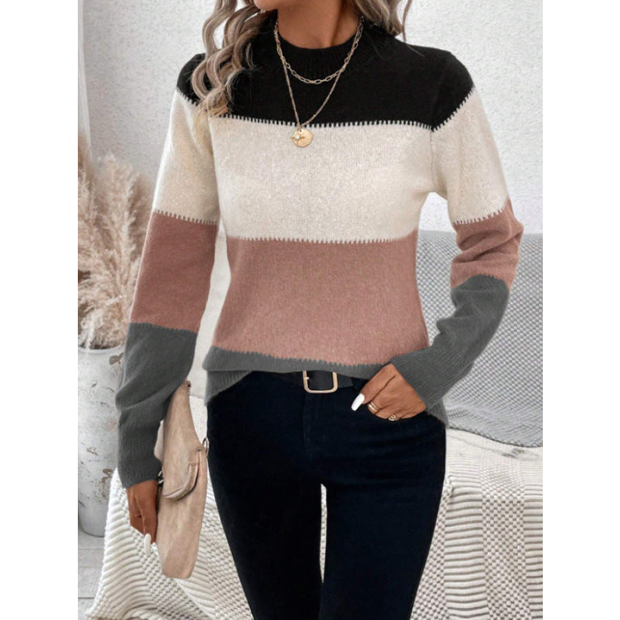 Color Block Mock Neck Long Sleeve Sweater Apparel and Accessories