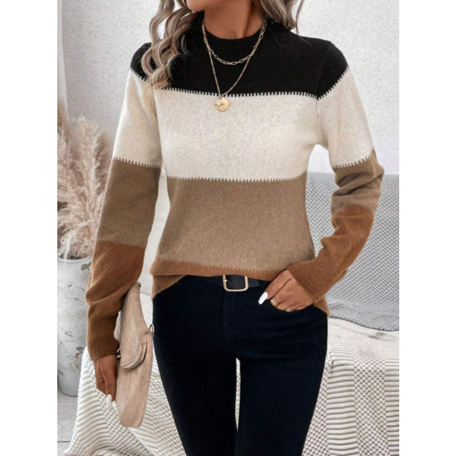 Color Block Mock Neck Long Sleeve Sweater Apparel and Accessories