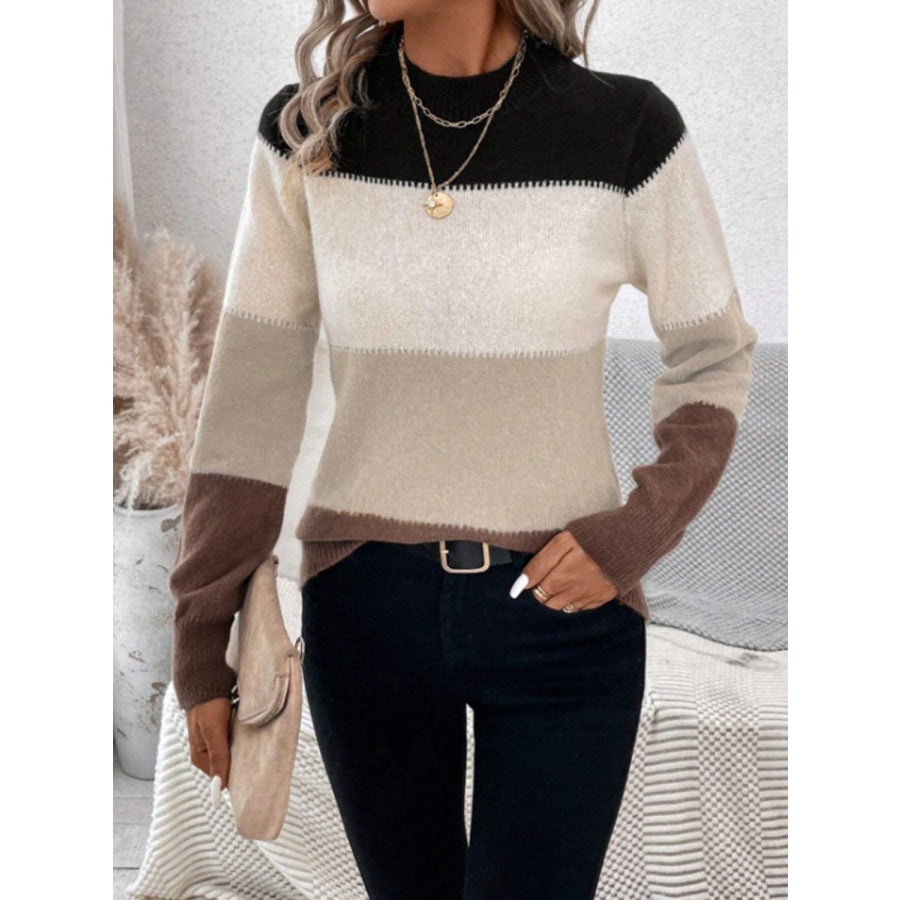 Color Block Mock Neck Long Sleeve Sweater Apparel and Accessories