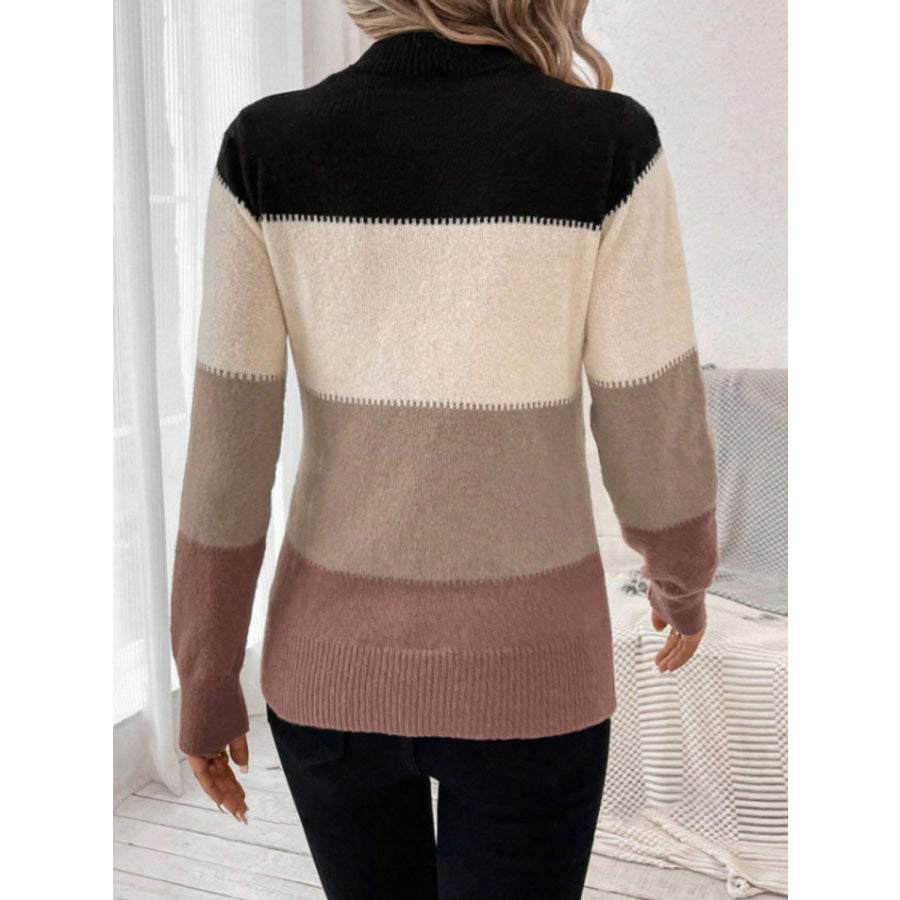 Color Block Mock Neck Long Sleeve Sweater Apparel and Accessories