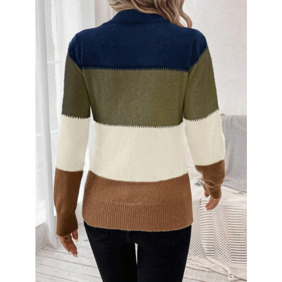 Color Block Mock Neck Long Sleeve Sweater Apparel and Accessories