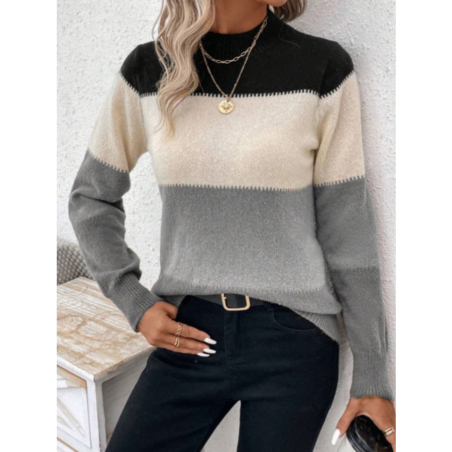 Color Block Mock Neck Long Sleeve Sweater Gray / S Apparel and Accessories